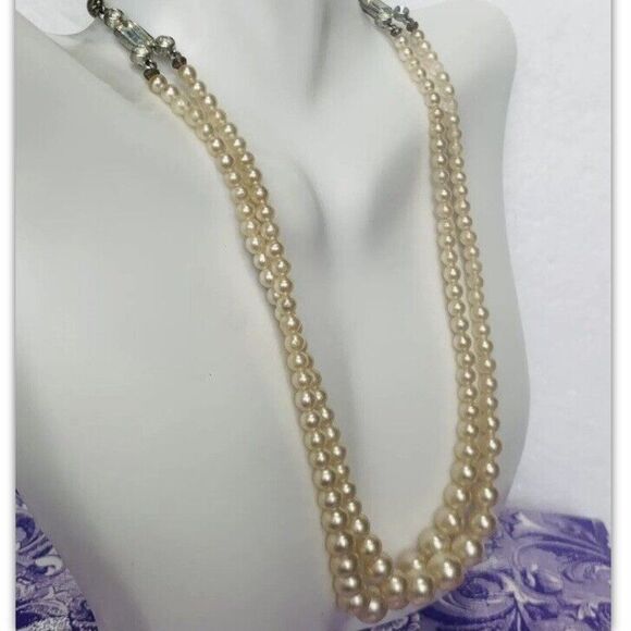 Vintage Oversized Beige Pearl Bead Double Strand Rhinestone Women’s Necklace - Picture 2 of 9